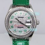 Replica Rolex Datejust Diamond Dial Green Leather Strap Watch